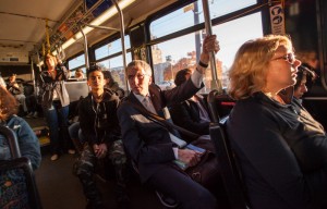 On the bus in Portland, Oregon, on way to a meeting with leaders of the Irish American community in the city. Picture by Donal McCann - www.donalmccann.com