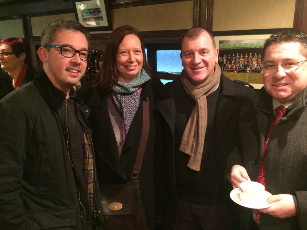 STADIUM DREAM: At the Glentoran-Cliftonville game were East Belfast councillor Niall Ó Donnghaile, IFA CEO Patrick Nelson and his partner Ros Simpson, and Cliftonville Chairman Gerard Lawlor.  