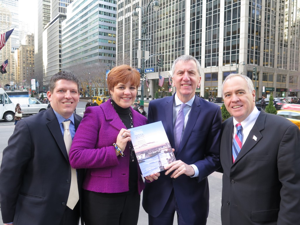 FÁILTE ABHAILE: As Homecoming Host, I joined Steve Lenox, IN-USA president, Win CEO Christine Quinn, and guest speaker New York State Comptroller Thomas DiNapoli at the launch of the Belfast International Homecoming 2016 on Friday. (Full marks to photographer Peter McDermott of the Irish Echo for getting the Park Avenue street sign in.)