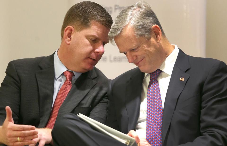 Partners in Progress: From opposite ends of the political spectrum Governor Charlie Baker of Massachusetts and Mayor Marty Walsh of Boston made common cause to win GE for Boston