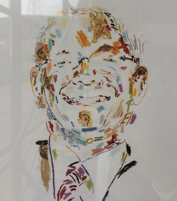 Martin McGuinness portrait by Conrad Atkinson (2005). Look closely to see words and birds from the Book of Kells.